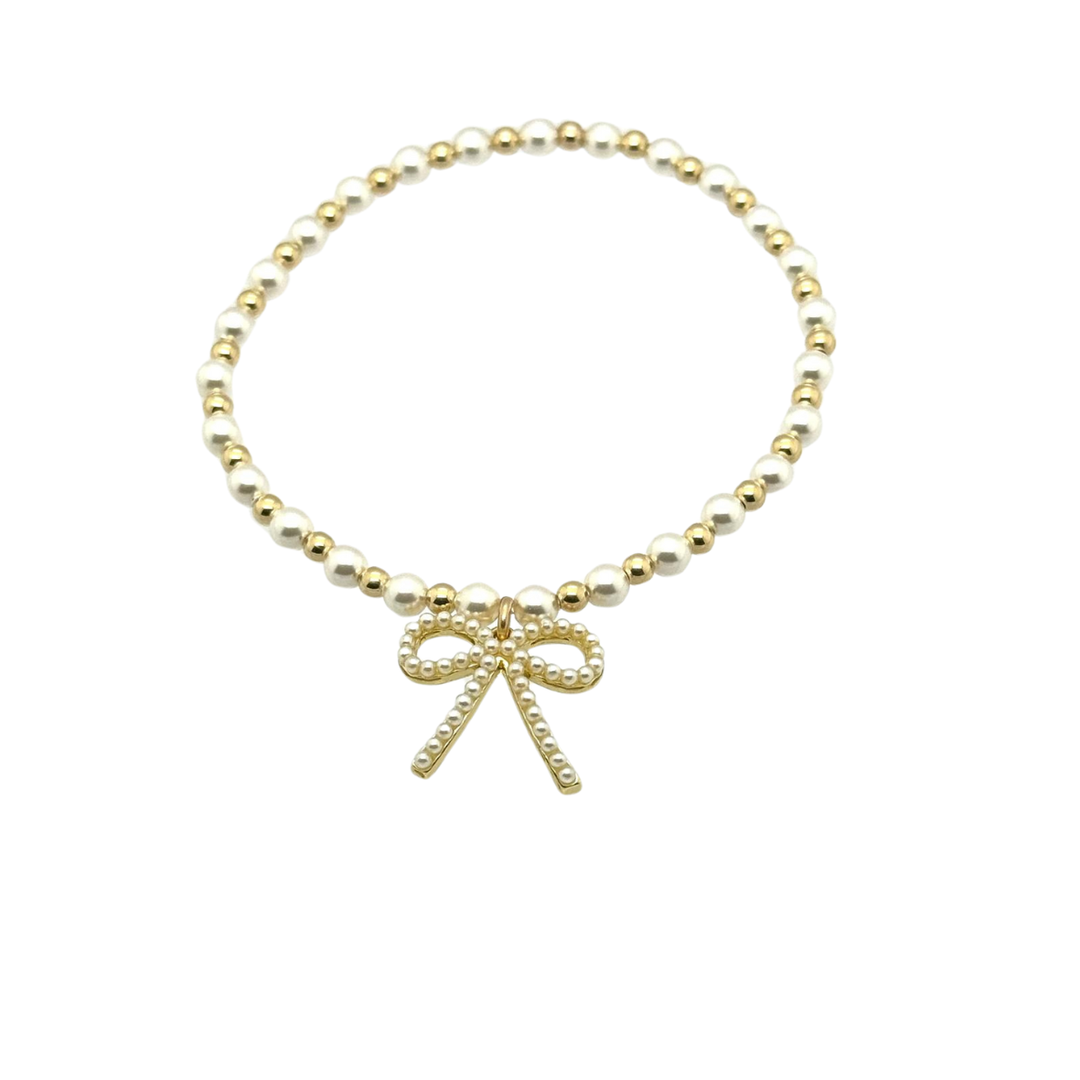 bara boheme - "MAY + FWP BOW" Charm Gold Filled & Pearl Beaded Bracelet: 14K Gold Filled beads / Stretchy 7"
