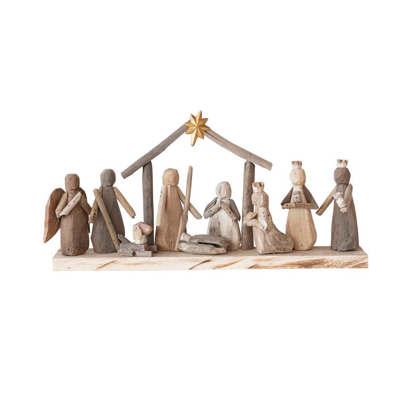 Creative Co-op - Handmade Driftwood & Acacia Wood Nativity w/ Gold Finish Metal Star, Multi Color