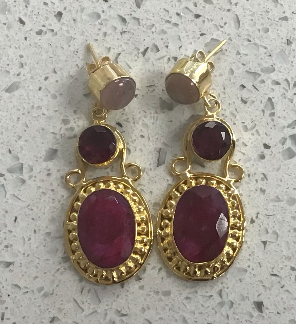 Pink Rose Quartz and Red Corundum Bezel Set Earrings