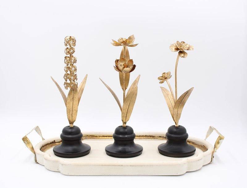 12" Metal Flower Finials on Black Wood Stand, 3 styles