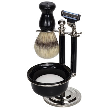 4 Piece Shave Set - Black/Chrome Mach III Shaver by Gillette with Shave Soap