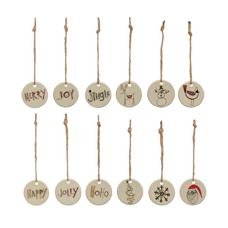 1-3/4" Round Stoneware Tag Ornament with Holiday Image/Word, Multi Color, 12 Styles