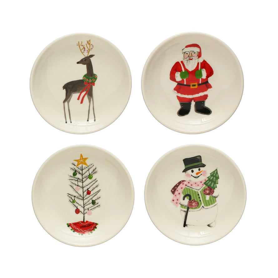 4" Round Stoneware Plate w/ Holiday Image, Multi Color, 4 Styles