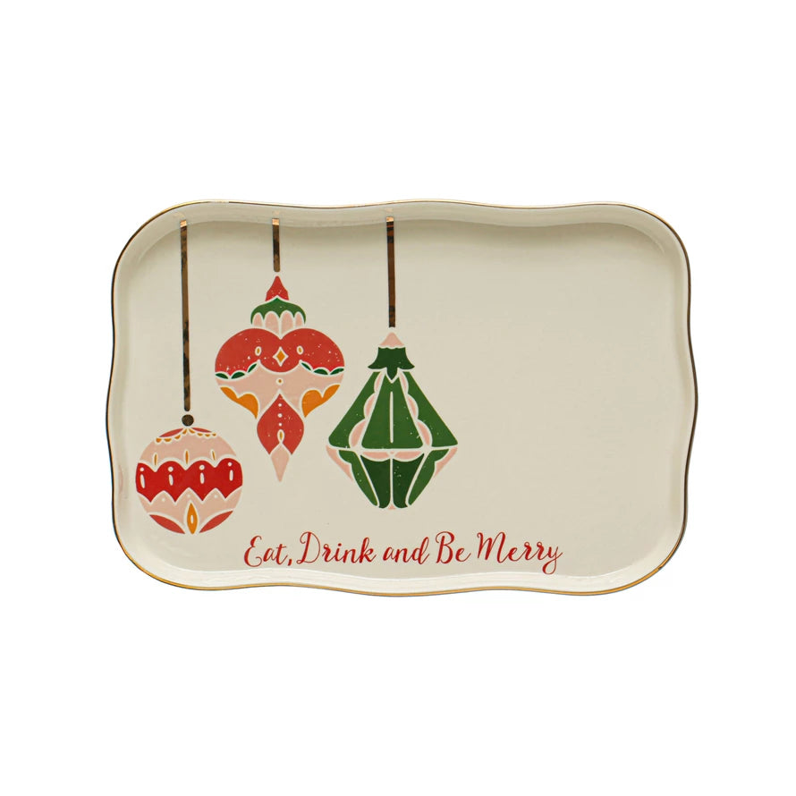 13"L x 8-1/2"W Stoneware Tray w/ Ornaments & Gold Electroplating "Eat, Drink And Be Merry"