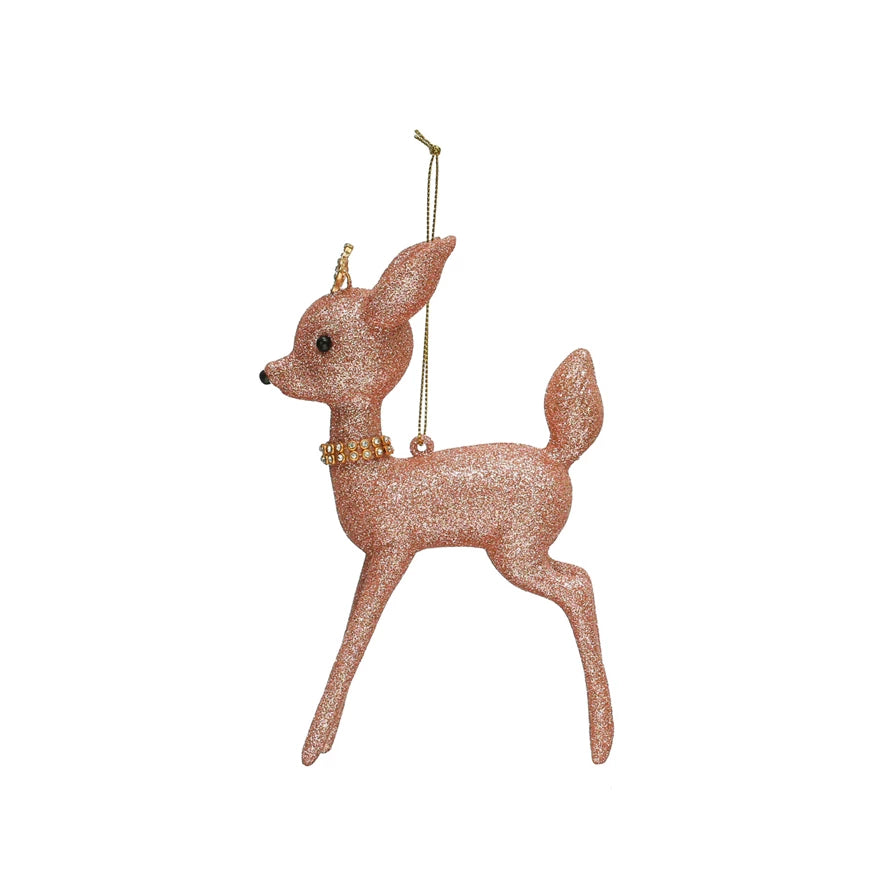6-1/2"H Plastic Deer Ornament w/ Glitter & Crystal Collar, Pink