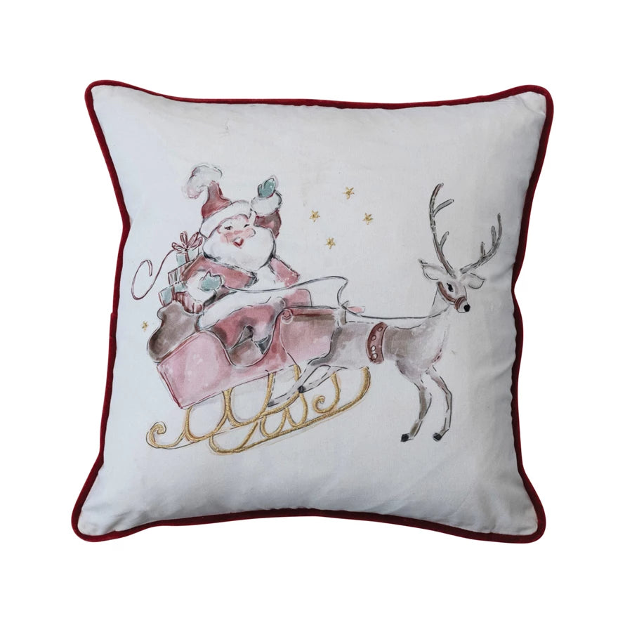 20" Square Cotton Printed Pillow w/ Embroidery & Burgundy Velvet Piping & Back
