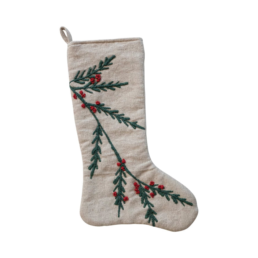 Woven Cotton & Jute Stocking w/ Embroidered Holly & Berries