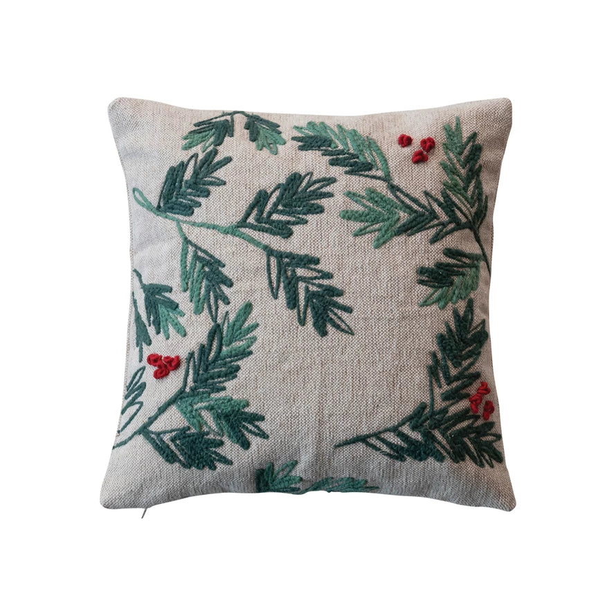 16" Square Woven Cotton & Jute Pillow w/ Embroidered Holly & Berries