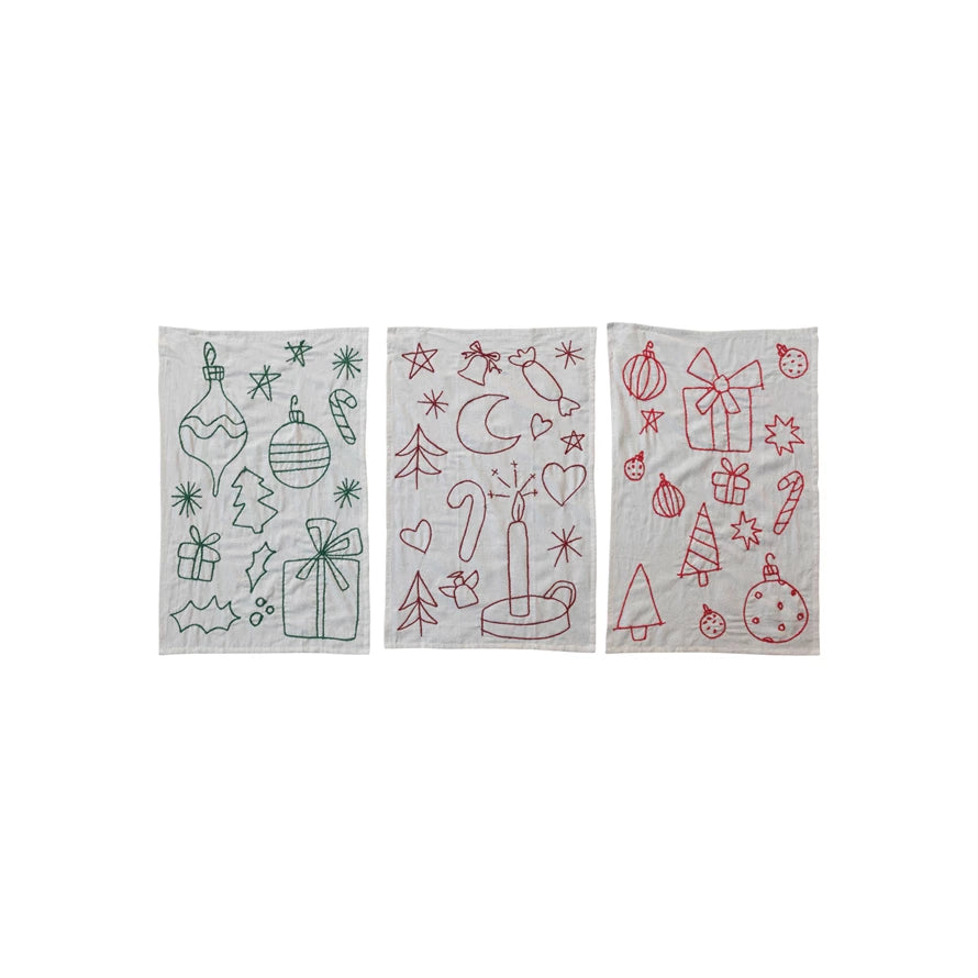 Woven Cotton & Linen Tea Towel w/ Embroidered Holiday Icons, 3 Colors, 3 Styles- Set