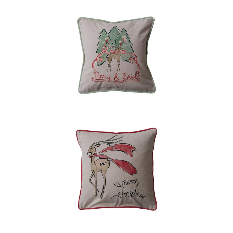 20" Square Cotton Chambray Printed Pillow w/ Velvet Piping & Back, 2 Styles ©