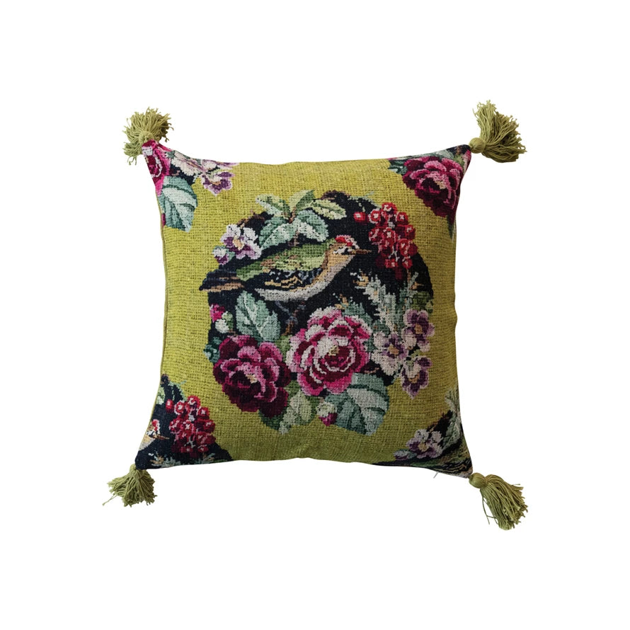 20" Square Woven Linen Blend Pillow w/ Bird, Flowers & Tassels, Multi Color ©