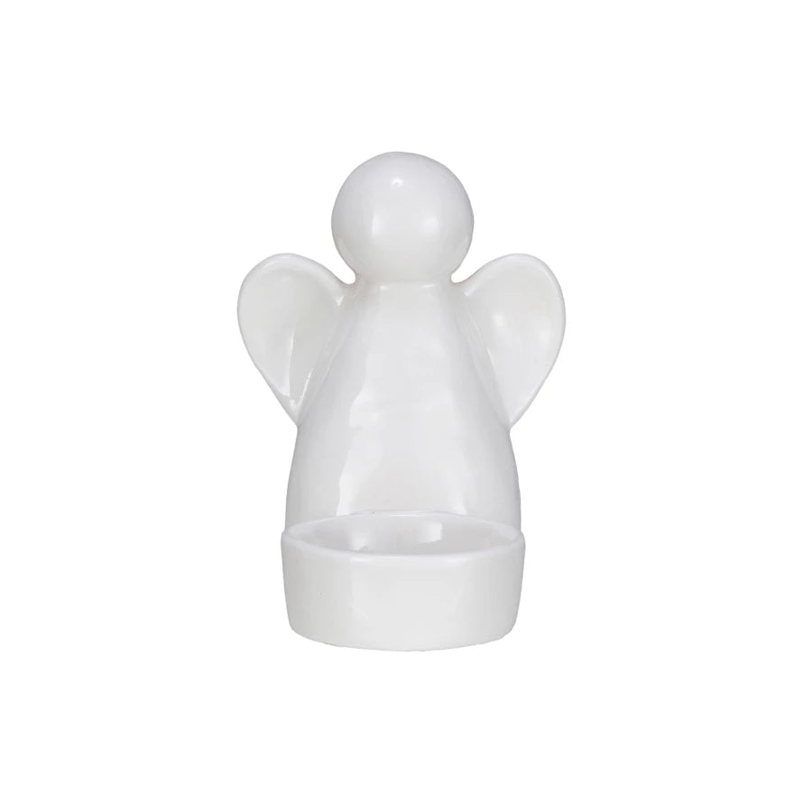 4"L x 3"W x 4"H Stoneware Angel Tealight Holder, White