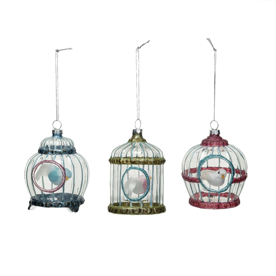 Glass Birdcage w/ Bird Ornament, 3 Styles ©