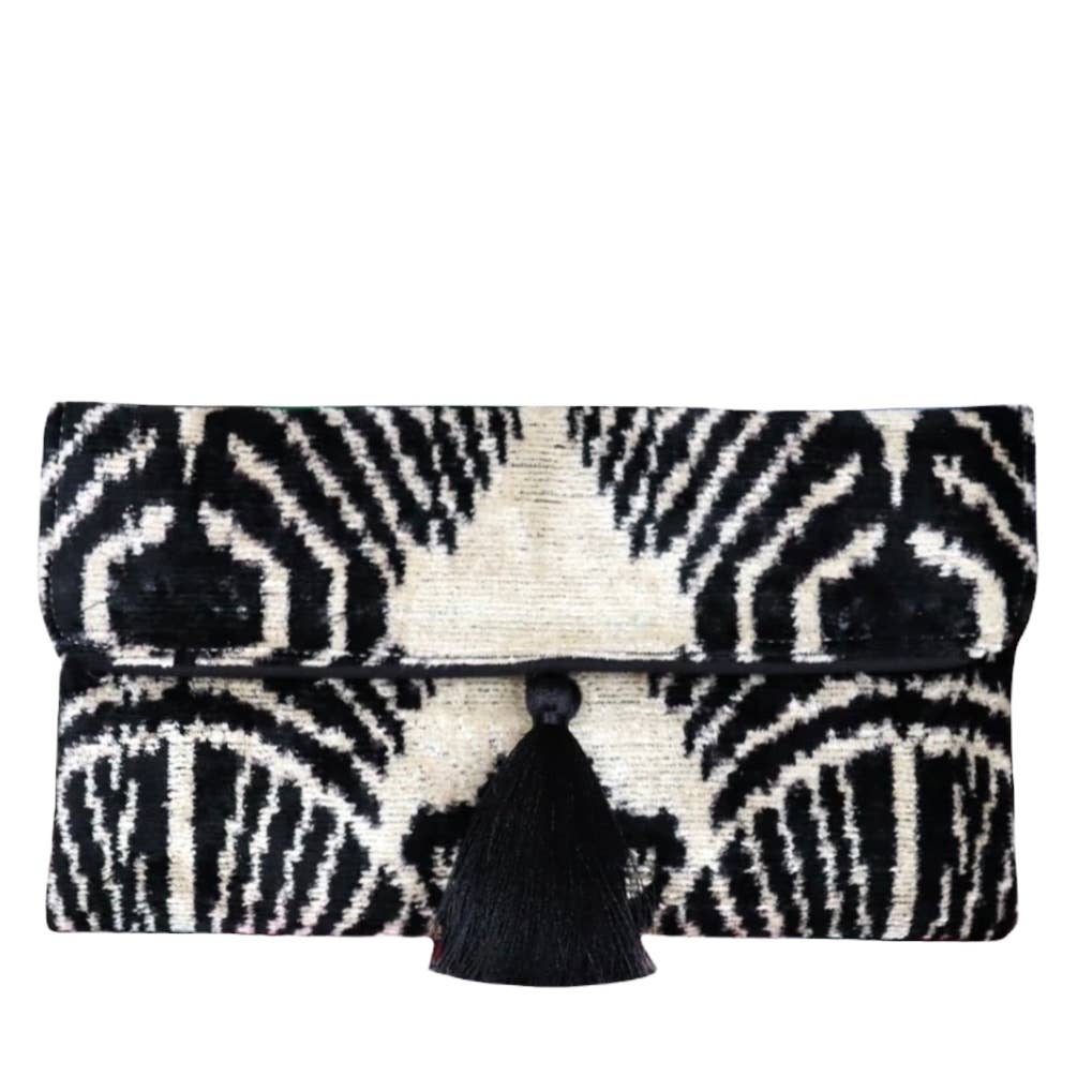 Silk Velvet Ikat Clutch - Black Fan