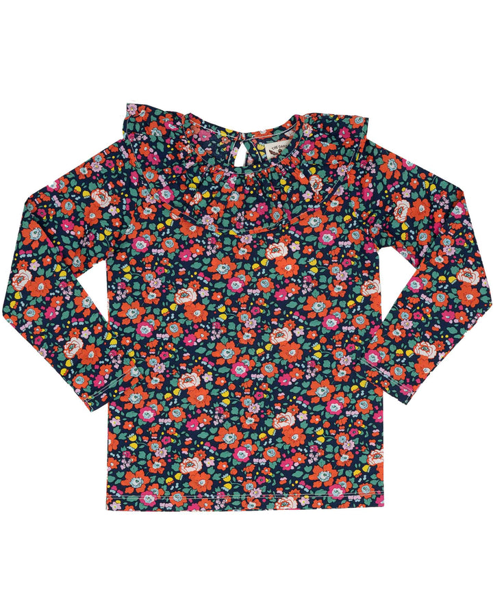 LS Navy Floral Ruffle Shirt