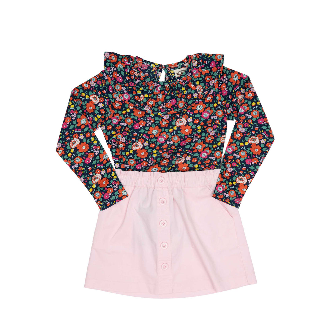 LS Navy Floral Ruffle Shirt