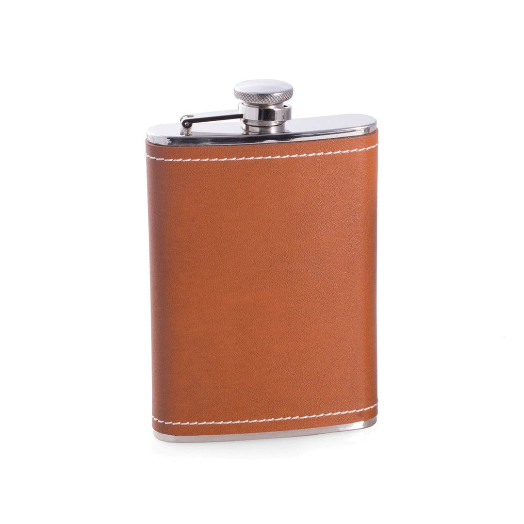 8 oz. Stainless Steel Saddle Brown Leather & White Stitch