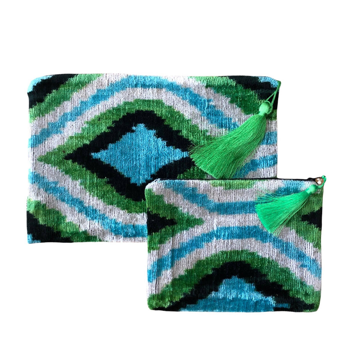 Silk Velvet Ikat Clutch/Pouch - Green Blue Dia
