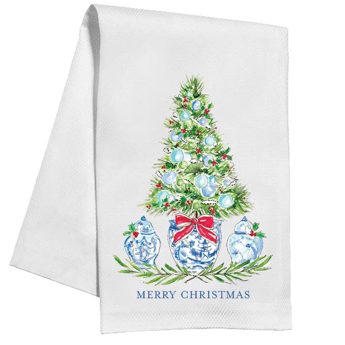 Blue Holiday Tree with Ginger Jars Kitchen Towel in