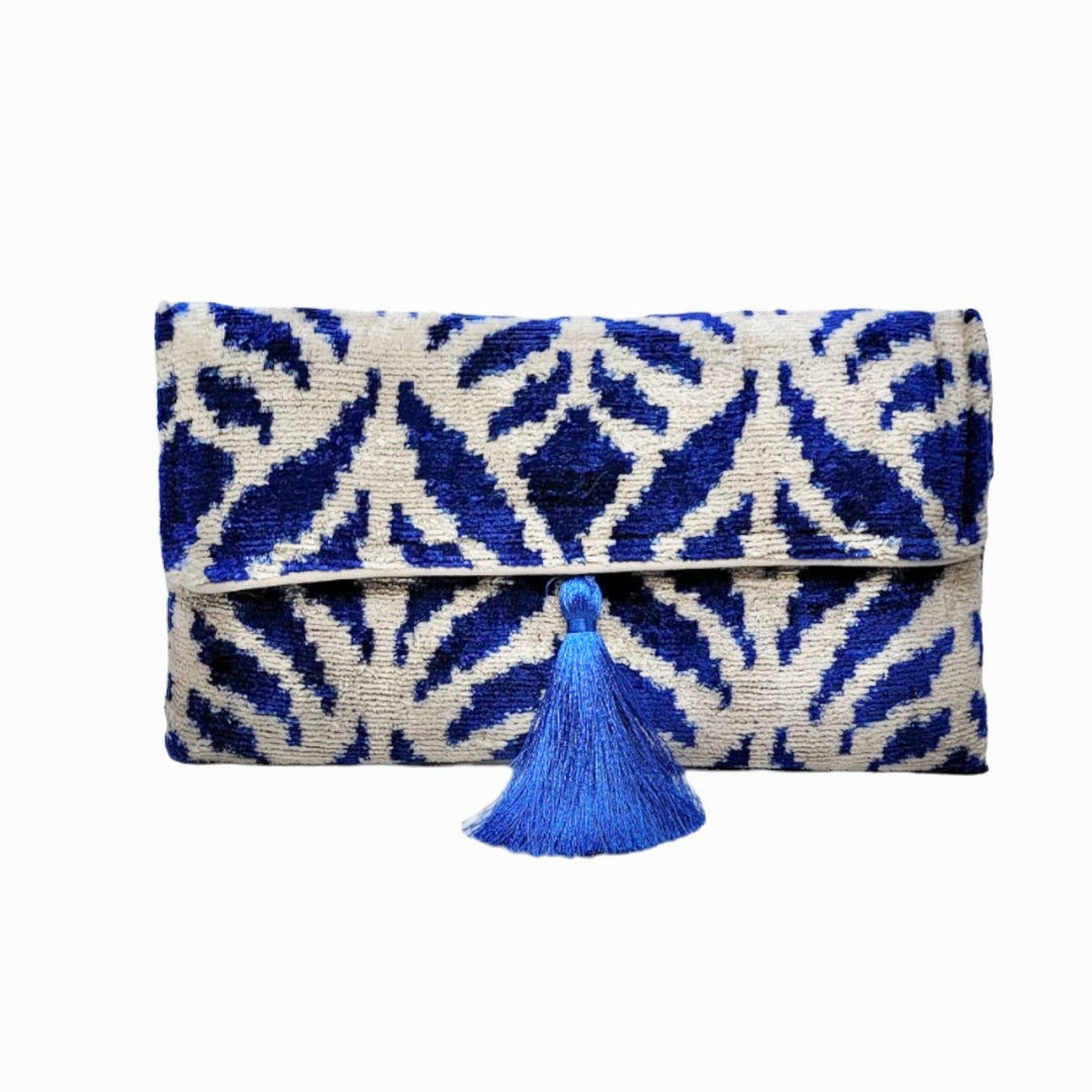 Silk Velvet Ikat Clutch - Navy Leaf
