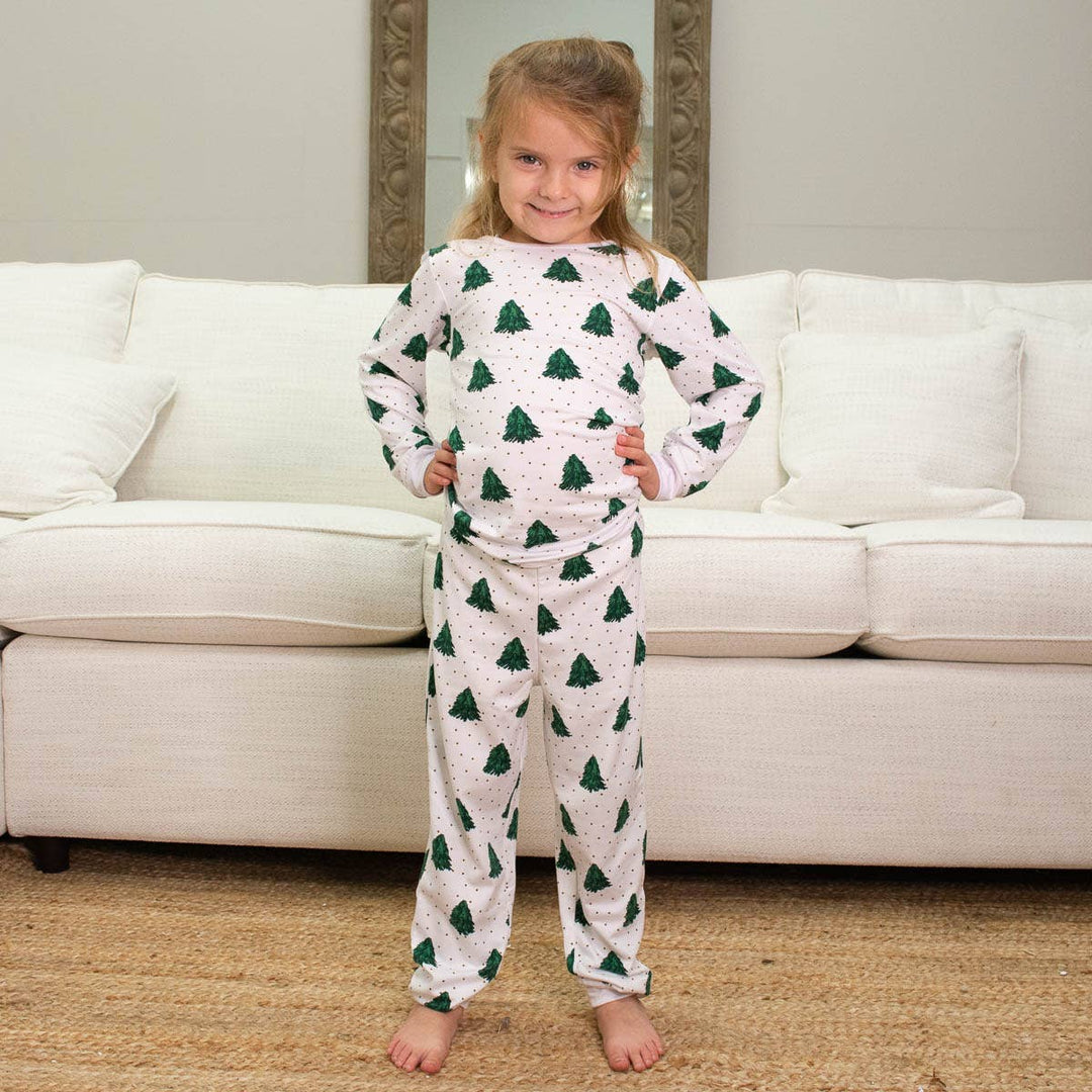 Kid's Noble Fir Long Sleeve Pajamas White/Dark Green/Gold 2T