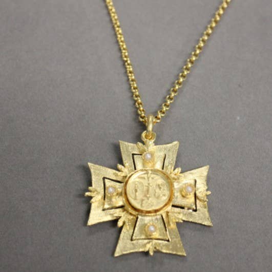 Weisinger Designs - N146B Maltese Cross w/Religious Medal and pearls