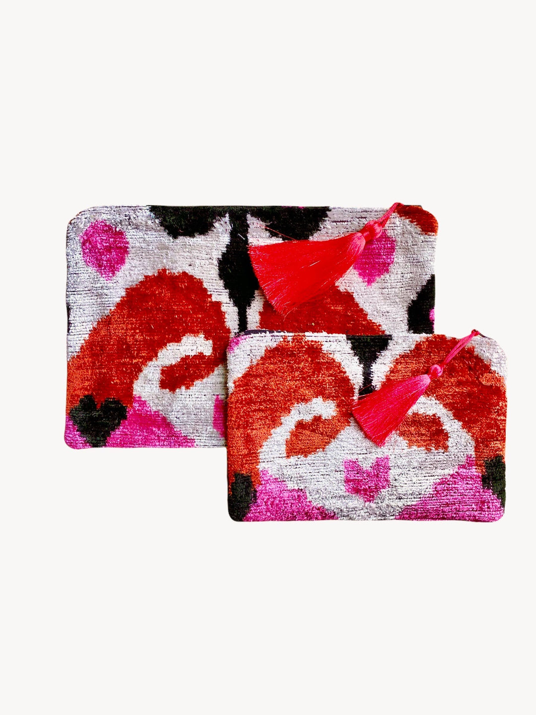 Silk Velvet Ikat Clutch/Pouch - Pink Orange