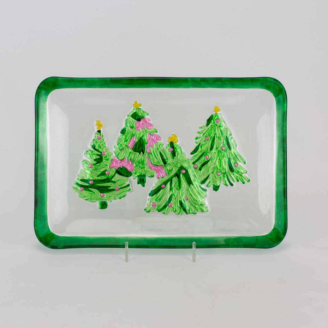 Celebration Tree Glass Platter Clear/Green/Pink 12x8x1