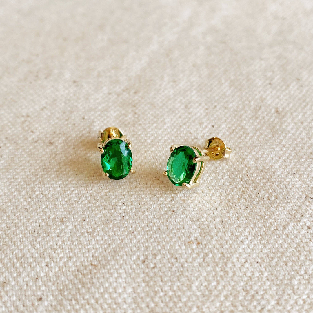 GoldFi - 18k Gold Filled Oval Emerald Cubic Zirconia Stud Earrings