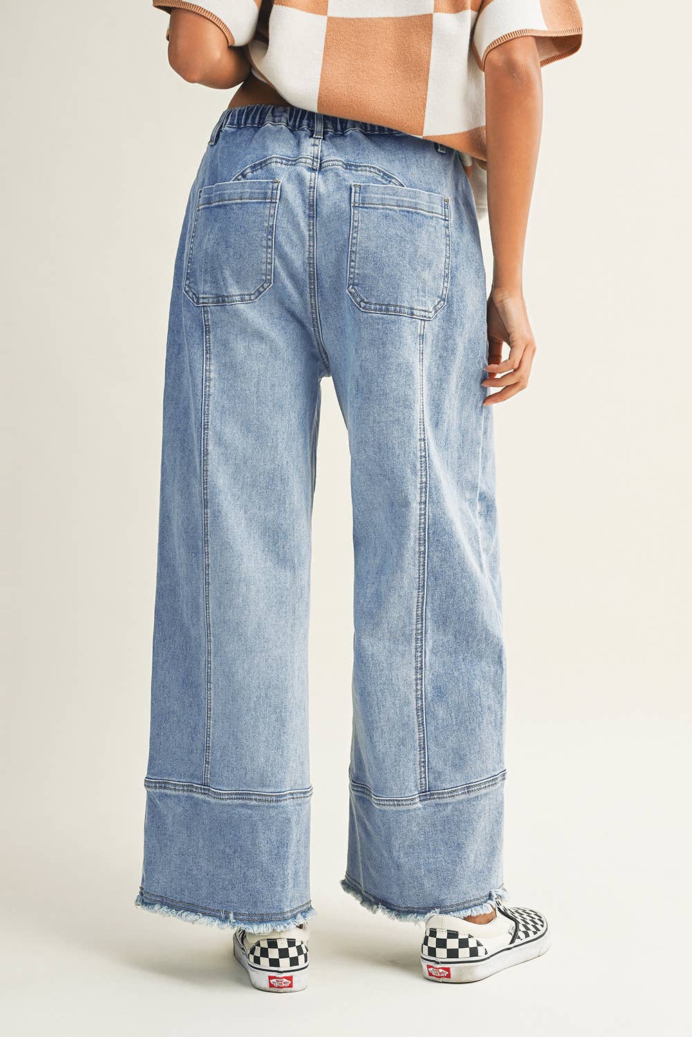 Drawstring Seam Detail Raw Hem Wide Leg Denim Pants: Beau Blue / 12