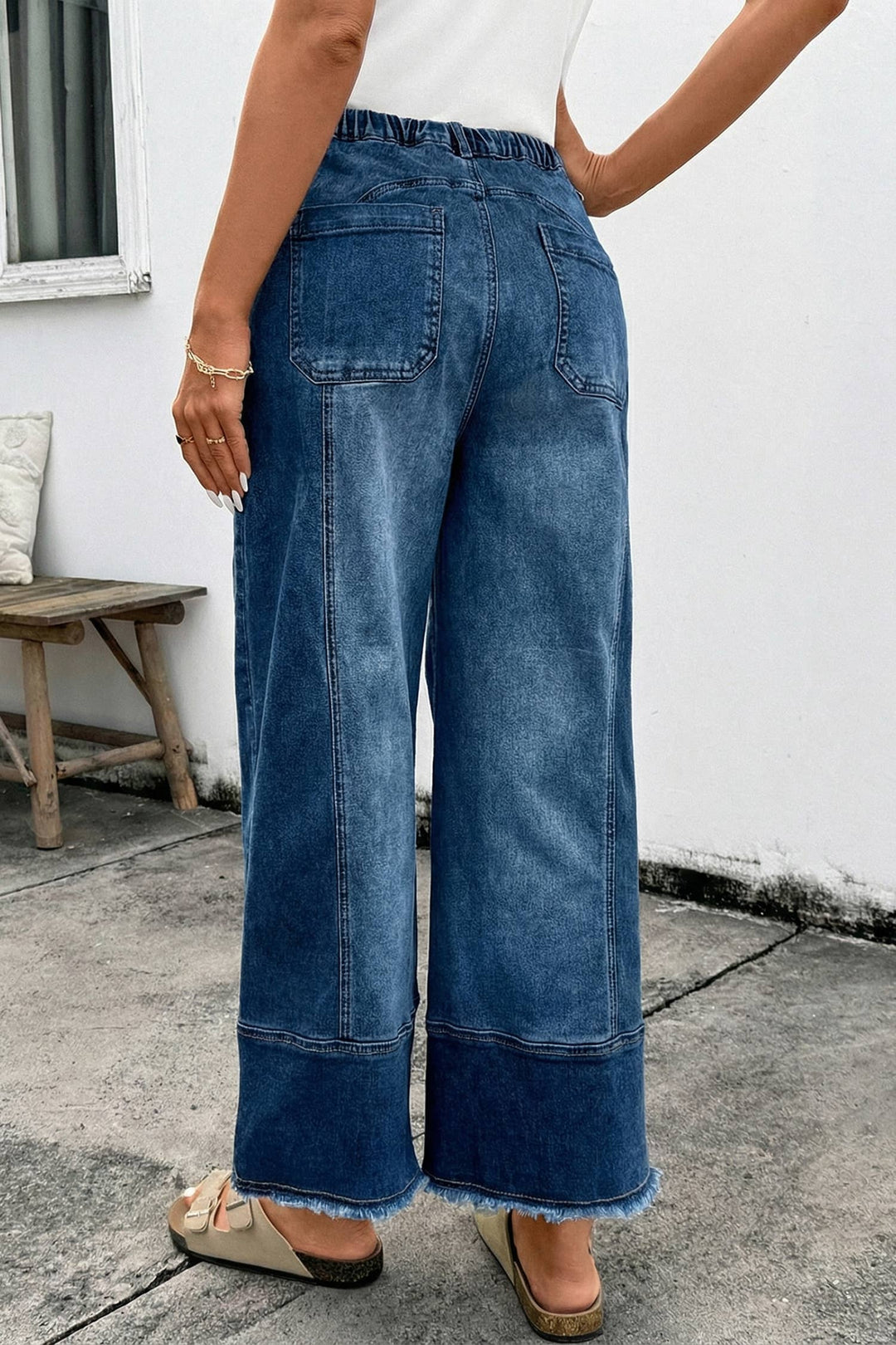 Aapparella - Seam Detail Raw Hem Wide Leg Drawstring Jeans | 4-16: Beau Blue / 12