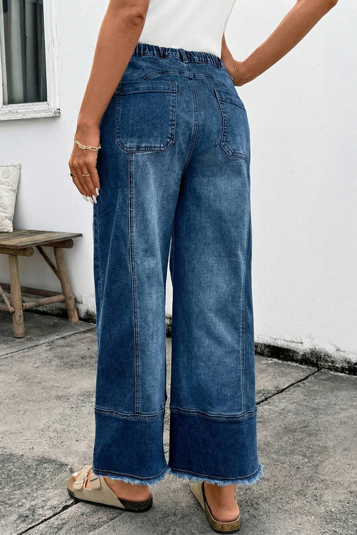 Aapparella - Seam Detail Raw Hem Wide Leg Drawstring Jeans | 4-16: Beau Blue / 12