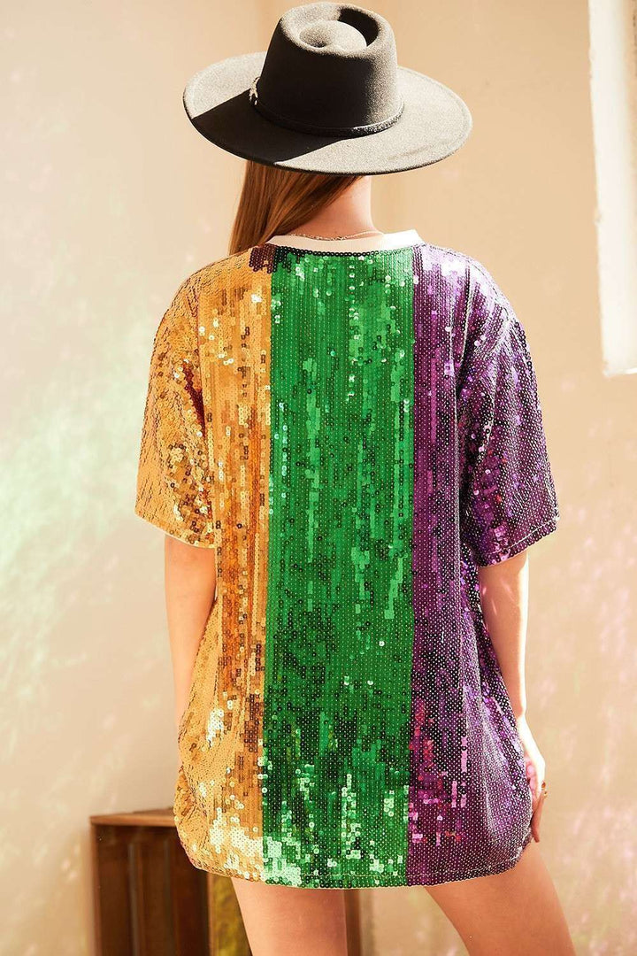 Main Strip - Mardi grass Color Block Sequin Tunic Top: PURPLE/GREEN/GOLD / M