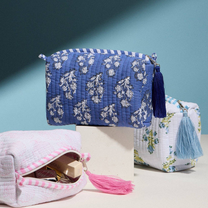 Frem - Blue Quilted Floral Cosmetic Pouch | Zipper Makeup Bag with Tassel: BL / ONE