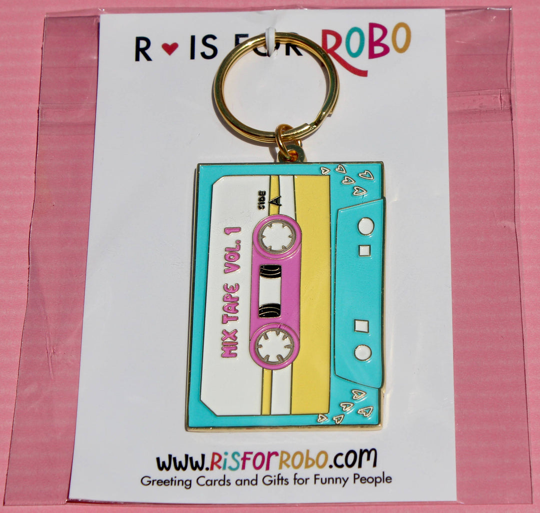 R is for Robo - Cassette Tape Gold Keychain Retro Nostolgia Gifts for Women