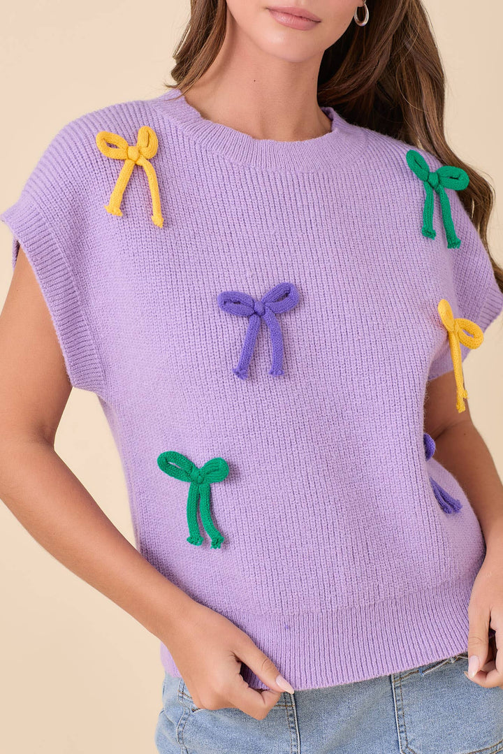 Main Strip - Mardi Gras Ribbon Bow Knit Top: PURPLE / M