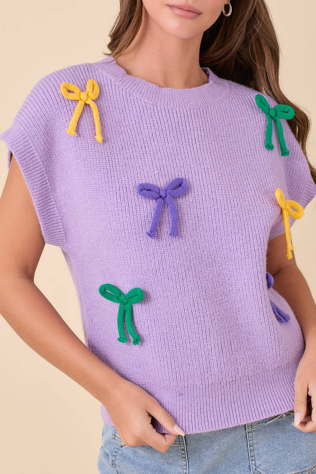 Main Strip - Mardi Gras Ribbon Bow Knit Top: PURPLE / L