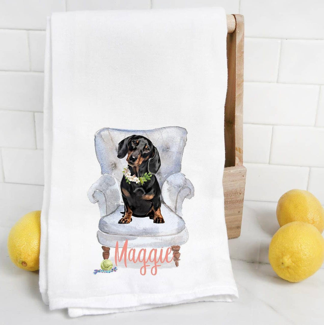 The Preppy Pineapple Home - Custom Black Dachshund Flour Sack Towel with Pet Name: No Accessory / Palm Chair