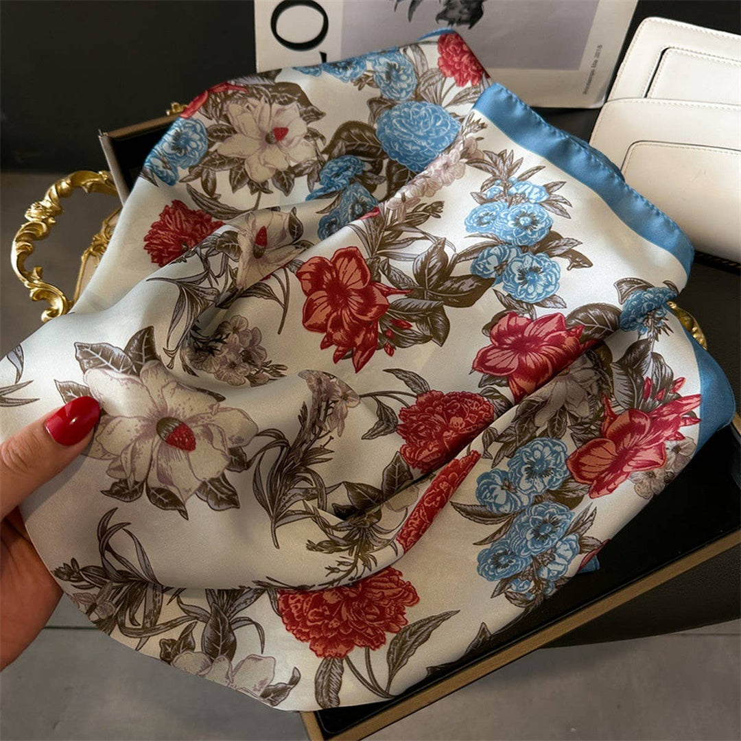 ACCITY - Lotus & Peony Print Satin Square Scarf for Summer_CWASC1429: BLUEORANGE / (OS) 3