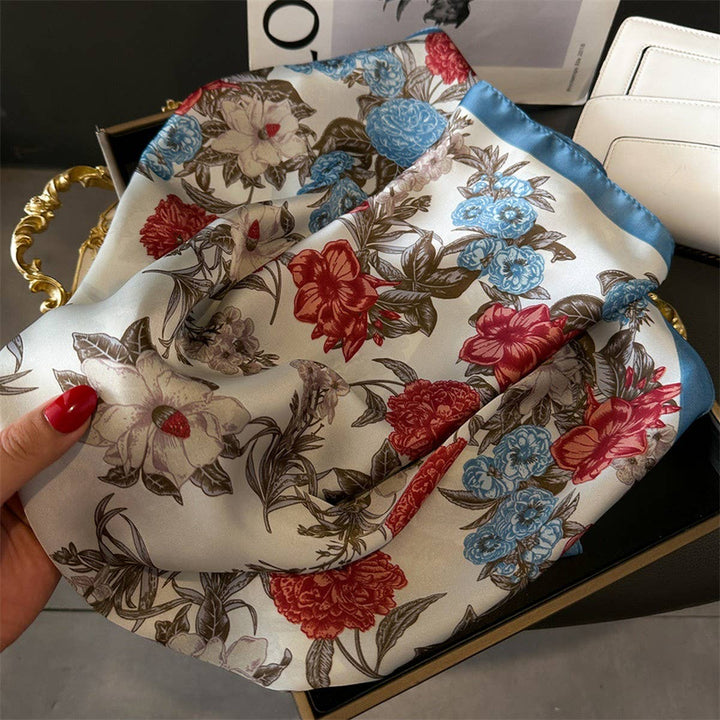 ACCITY - Lotus & Peony Print Satin Square Scarf for Summer_CWASC1429: BLUEORANGE / (OS) 3