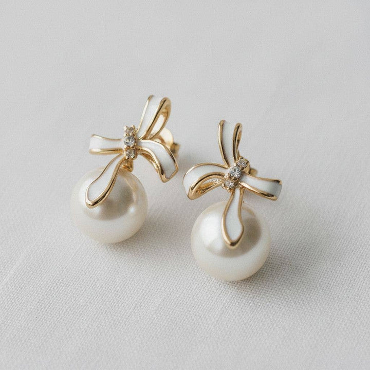 Ellemadera - Pearl Bowknot Stud Earrings with French Elegance