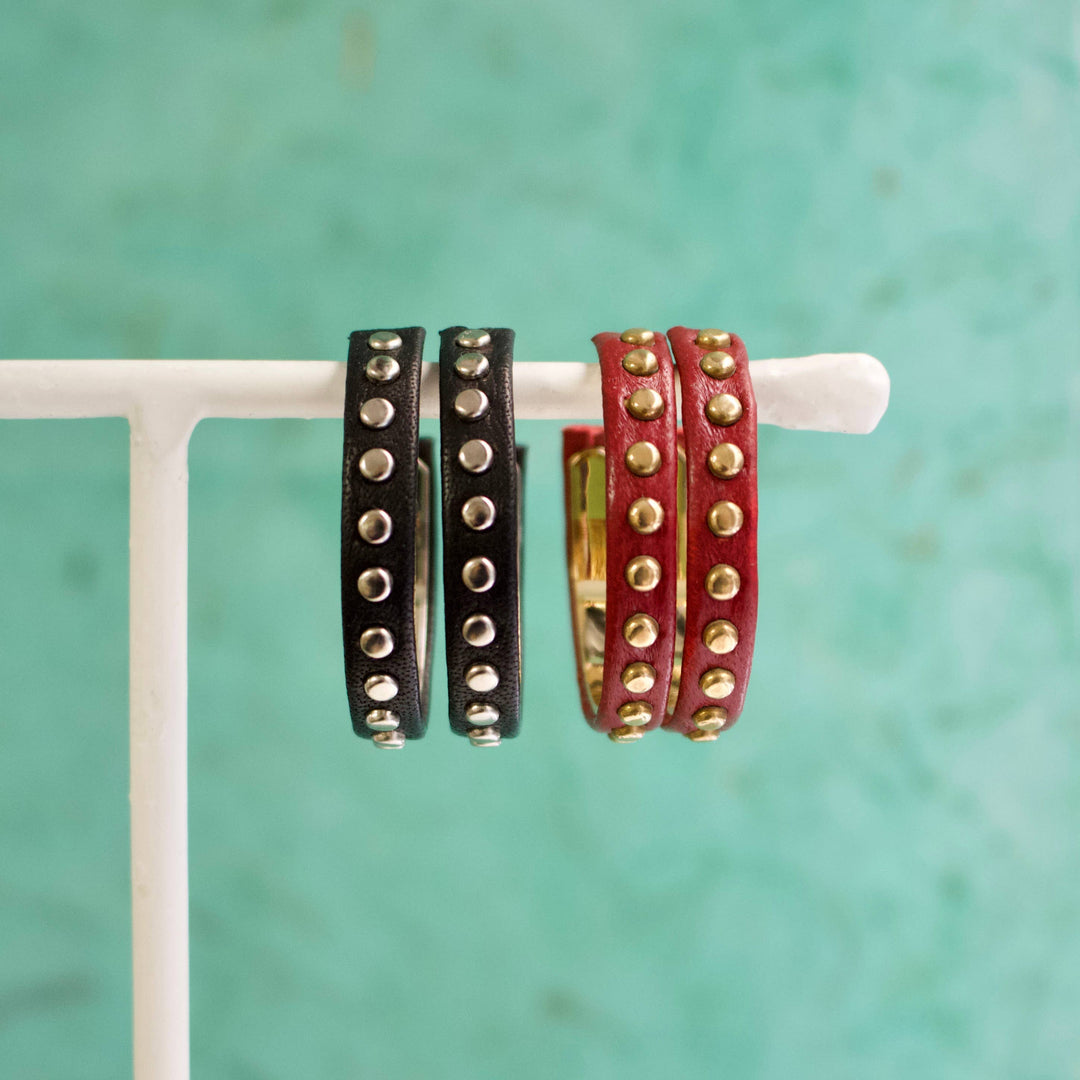 a.v. max - Small Studded Leather Hoops: Brown/Gold