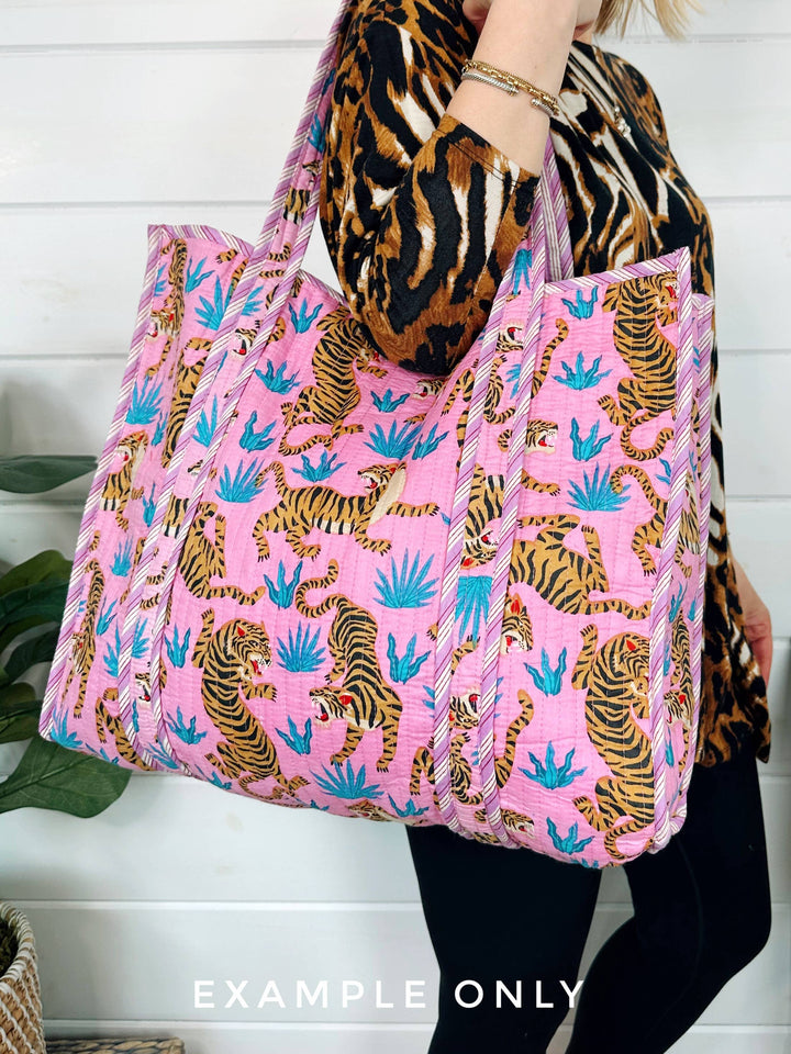 Folklore Couture - Quilted Tote Bag | Pink Floral Tote | Large Shopping Bag