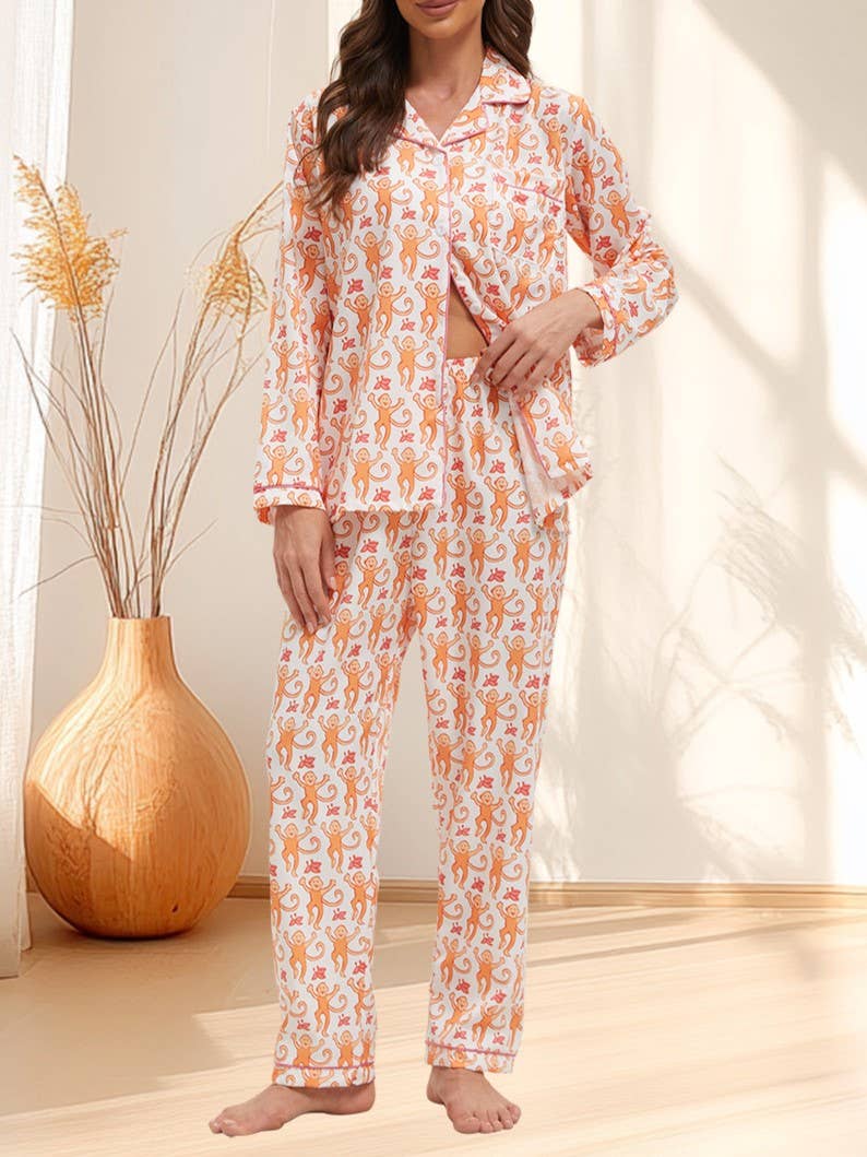 Rosa Clothing - Cute Comfy Monkey Print Long Sleeve Pajama Set: Blue