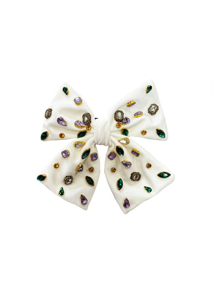 Mardi Gras Creations - Bejeweled Velvet Bow - White