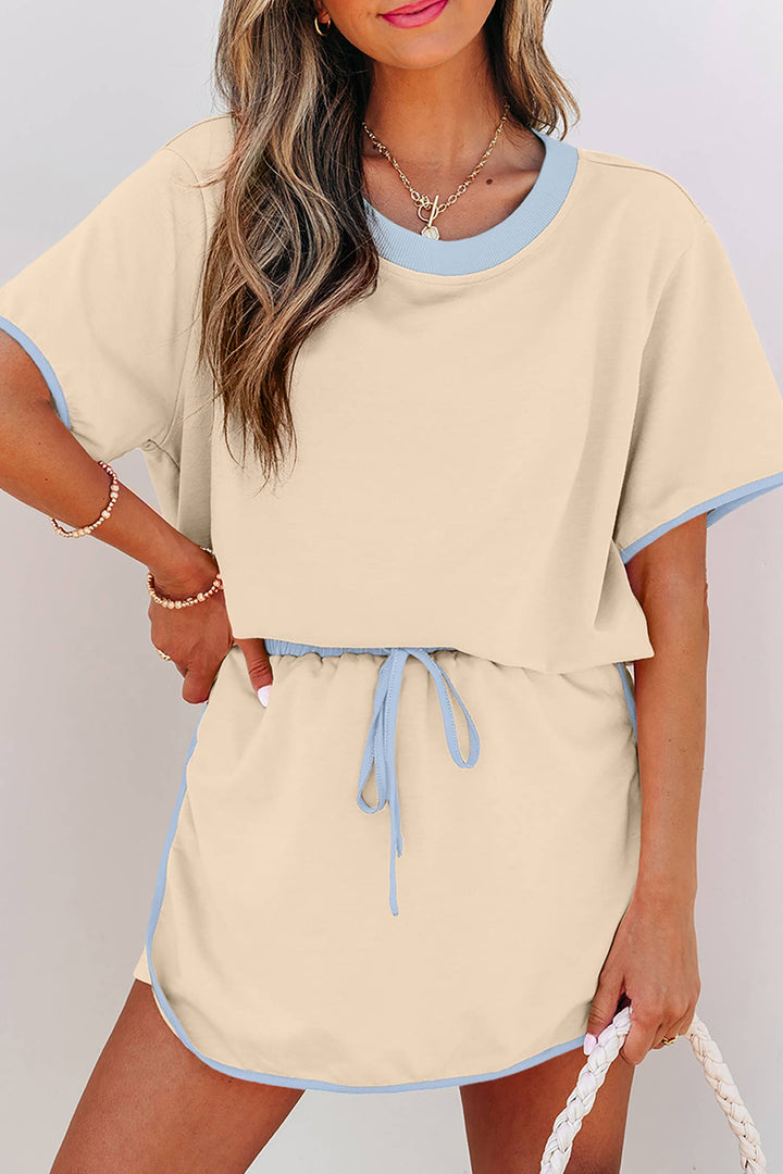 Colorblock Edge Drop Shoulder T Shirt and Skirt 2Pcs Set: Black / S