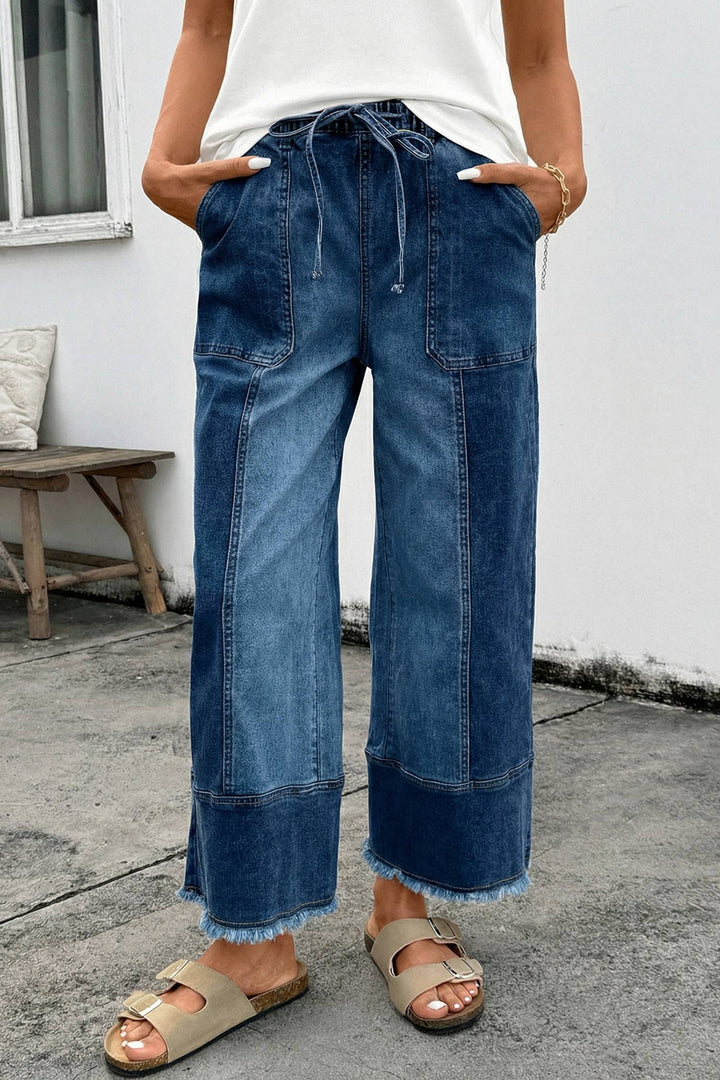 Aapparella - Seam Detail Raw Hem Wide Leg Drawstring Jeans | 4-16: Beau Blue / 12