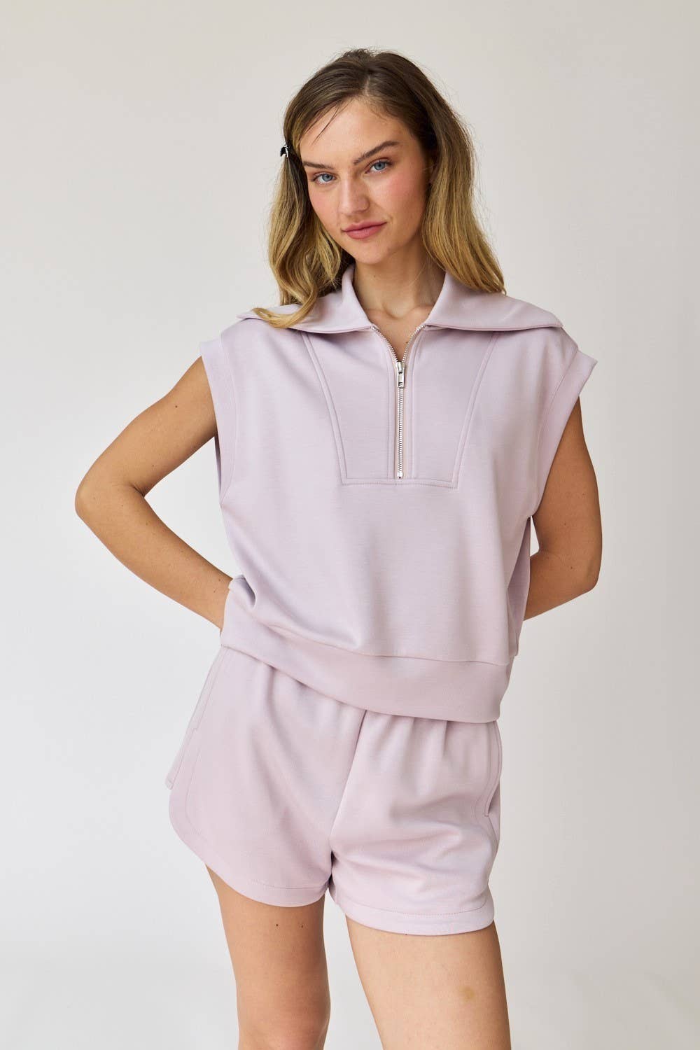 Papermoon - PT17846 - Blake Half Zip Top and Shorts Set: Lilac