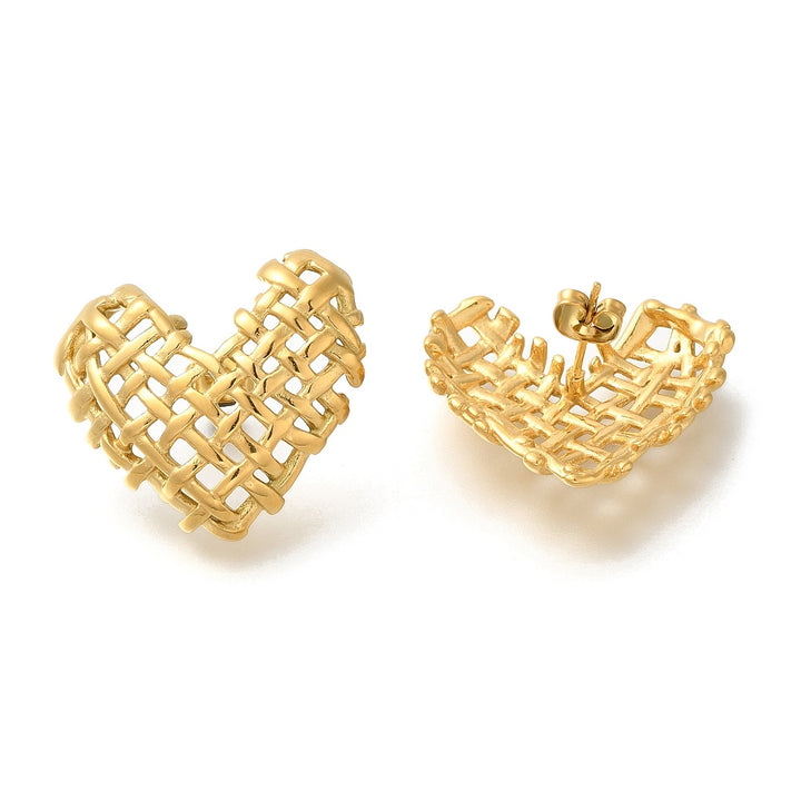 PVD Vacuum Plating 304 Stainless Steel Woven Heart Stud Earrings for Women, Golden, 25.5x28.5mm