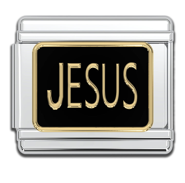 Natalia - Italian Bracelet Charms - "JESUS" (Black & Gold) Religious 9mm Links